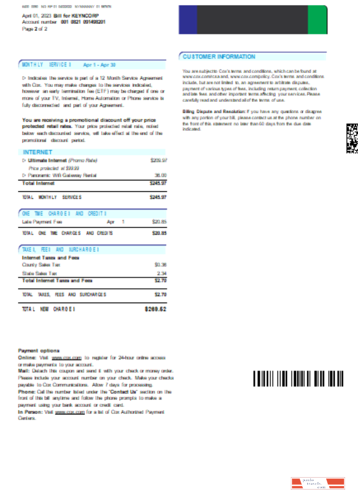 COX digital cable television utility business bill, page 2, SCR PSD template